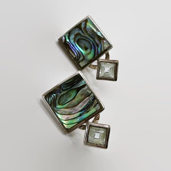 Abalone Earrings, Shell, Blue Topaz, Sterling Silver,  Latch Back, Pierced - Picture 3 of 4